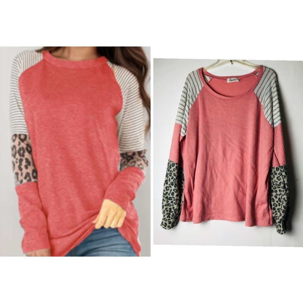 Haptics Autum winter Long Sleeve Top  Pullover Leopard Mixed Print 2X